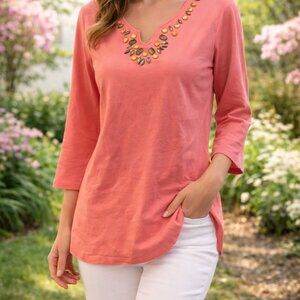 Sapphire Star women's coral embellished V-neck top Large 3/4 sleeves blouse